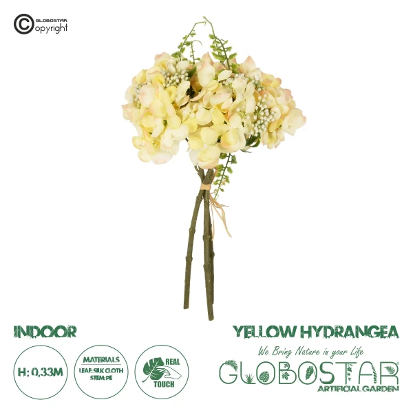 GloboStar® Artificial Garden YELLOW HYDRANGEA BOUQET 21315 Τεχνητό Διακοσμητικό Μπουκέτο Κίτρινη Ορτανσία Y33cm