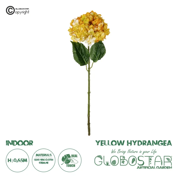 GloboStar® Artificial Garden YELLOW HYDRANGEA BRANCH 21317 Τεχνητό Διακοσμητικό Κλαδί Κίτρινη Ορτανσία Y65cm