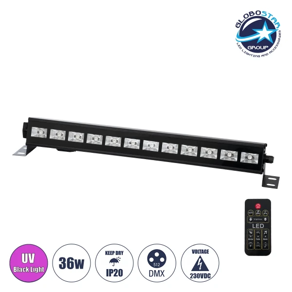 GLOBOSTAR® UVBAR 79660 Μπάρα Φωτισμού LED 36W 120° AC 220-240V IP20 Μαύρο Αλουμίνιο - UV Black Light - DMX512 & Ασύρματο Χειριστήριο IR - Μ50 x Π6 x Υ6cm - 2 Χρόνια Εγγύηση