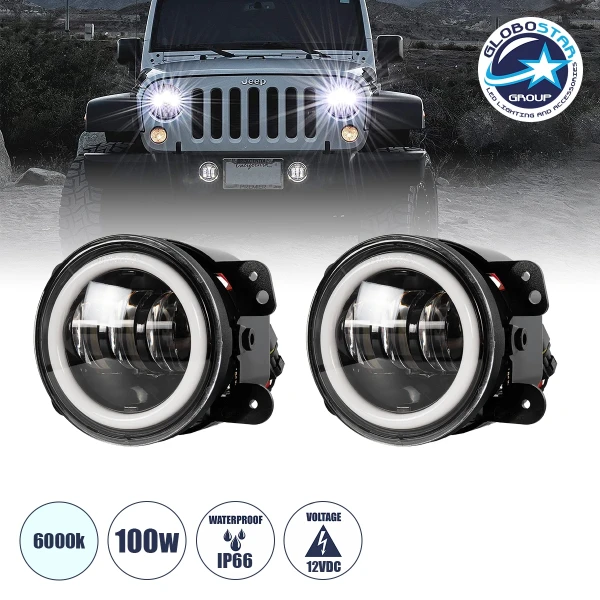 GloboStar® 85418 Σετ 2 x Προβολείς Ομίχλης JEEP WRANGLER - MERCEDES BENZ G CLASS - LAND ROVER DEFENDER - HAMMER H1-H2 - 4'' Ιντσών με Ring Light DRL LED CREE CXB COB 100W 7500lm DC 12V Αδιάβροχοι IP66 Ψυχρό Λευκό 6000K