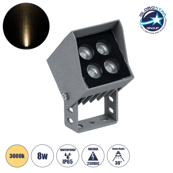 GloboStar® SPOT-JENA 90635 Σποτ Φωτισμου Wall Washer LED 8W 880lm 30° AC 220-240V Αδιάβροχο IP65 Μ8.5 x Π7.3 x Υ9.5cm Θερμό Λευκό 3000K - Γκρι Ανθρακί - 3 Years Warranty