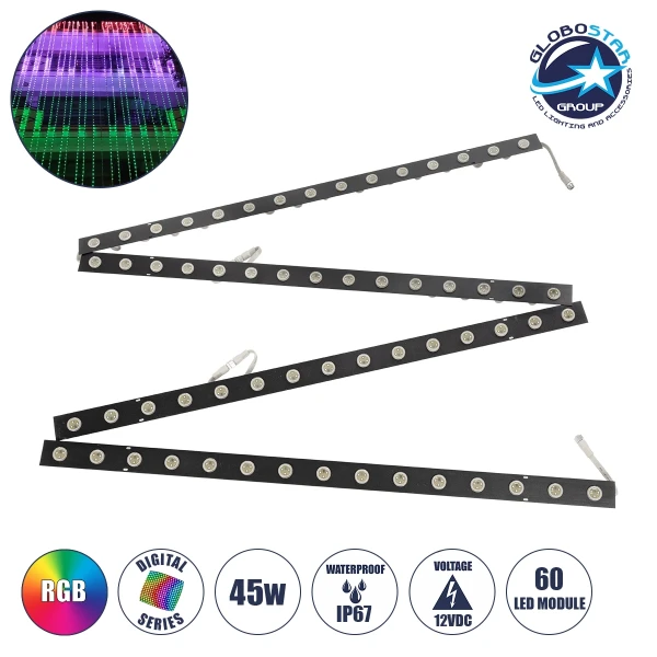 GloboStar® 90830 4 x Digital Pixel Addressable Facade Aluminum Bars - 4 x Ψηφιακές Μπάρες Αλουμινίου Πρόσοψης Κτιρίων LED SMD 3535 45W 60LED 60PIXEL SPI/TTL Protocol IC UCS512B 2700lm 120° DC 12V IP67 RGB - Μαύρο Σώμα - Μ400 x Π4.5 x Υ3.6cm - 4 Μπάρες