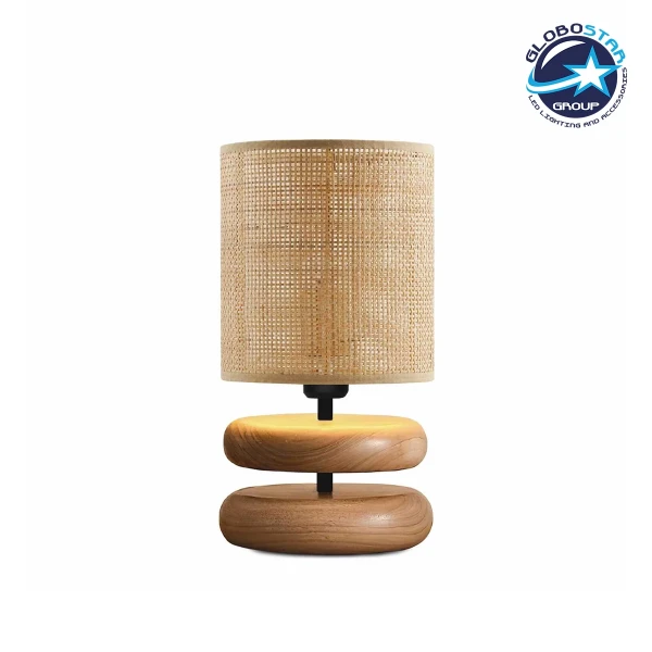 GloboStar® KLOO 204-0143 Boho Eπιτραπέζιο Φωτιστικό Μονόφωτο 1 x E14 IP20 Καφέ Ξύλο με Μπεζ Διάτρητο Ύφασμα - Μ15 x Π15 x Υ35cm