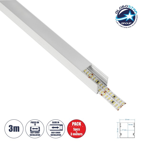 GLOBOSTAR® ALP-LINEAR GLOWTRACK 61796-3M Επιφανειακό Προφίλ Αλουμινίου με Λευκό Γαλακτερό Πατητό Κάλυμμα για Ταινίες LED IP20 - Λευκό Ματ - Μ300 x Π2 x Υ2cm - Πακέτο 5 Τεμαχίων