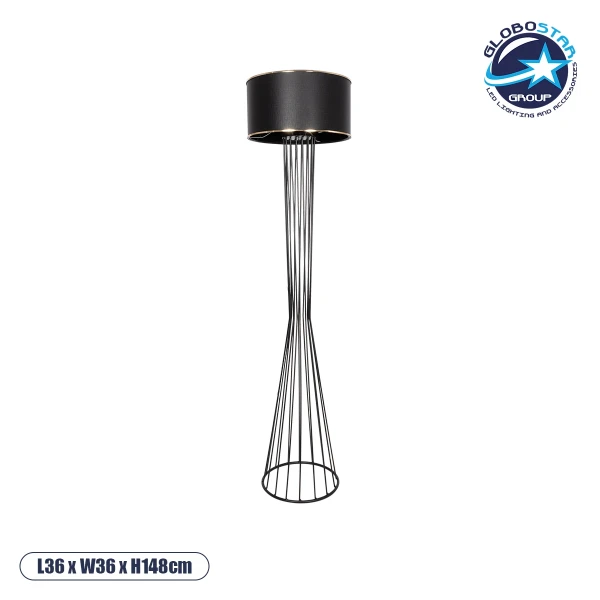 GloboStar® NOVA 201-0037 Μοντέρνο Επιδαπέδιο Φωτιστικό 1 x E27 IP20 Μαύρο Μεταλλό με Μαύρο Ύφασμα - Μ36 x Π36 x Υ148cm