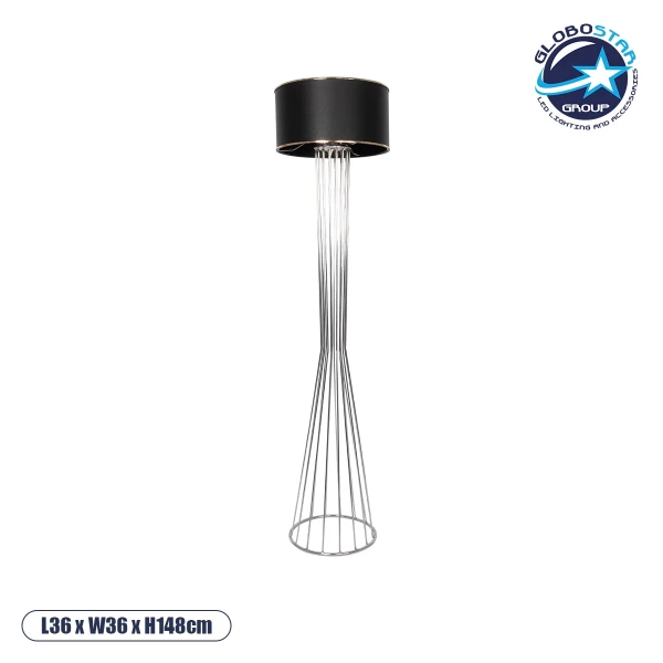 GloboStar® NOVA 201-0039 Μοντέρνο Επιδαπέδιο Φωτιστικό 1 x E27 IP20 Ασημί Μεταλλό με Μαύρο Ύφασμα - Μ36 x Π36 x Υ148cm