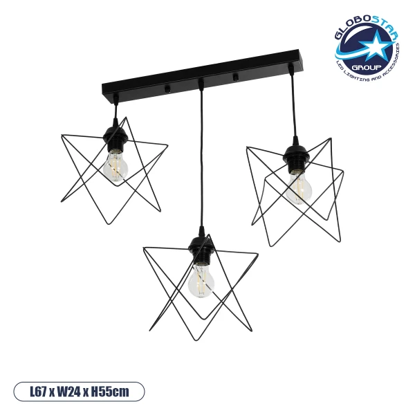 GloboStar® GLIND Vintage 201-0092 Κρεμαστό Φωτιστικό Ράγα Τρίφωτο 3 x E27 IP20 Μαύρο Μέταλλο - Μ67 x Π24 x Υ55cm