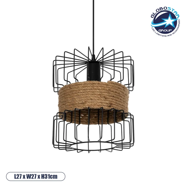 GloboStar® ORB 201-0096 Vintage Κρεμαστό Φωτιστικό Πλέγμα Μονόφωτο 1 x E27 IP20 Μαύρο Μέταλλο με Μπεζ Σχοινί - Μ27 x Π27 x Υ31cm