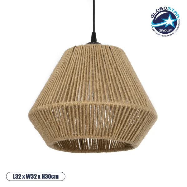 GloboStar® GLARO 201-0112 Vintage Κρεμαστό Φωτιστικό Καμπάνα Μονόφωτο 1 x E27 IP20 Μαύρο Μέταλλο με Μπεζ Σχοινί - Μ32 x Π32 x Υ30cm
