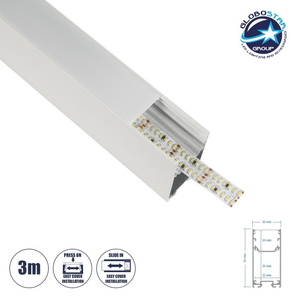 GLOBOSTAR® ALP-LINEAR LUMILINE 61763-3M Επιφανειακό / Κρεμαστό / Επιτοίχιο Προφίλ Αλουμινίου με Λευκό Γαλακτερό Πατητό Κάλυμμα για Ταινίες LED IP20 - Λευκό Ματ - Μ300 x Π3.5 x Υ7cm