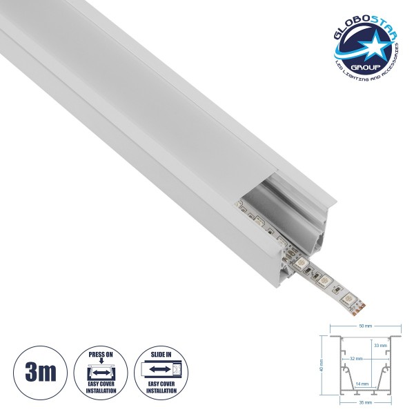 GLOBOSTAR® ALP-LINEAR RECESSA 61785-3M Χωνευτό Προφίλ Αλουμινίου με Λευκό Γαλακτερό Πατητό Κάλυμμα για Ταινίες LED IP20 - Λεικό Ματ - Μ300 x Π3.5 x Υ4cm