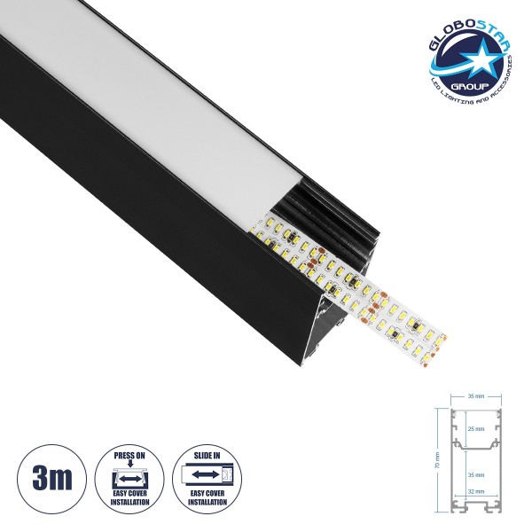 GLOBOSTAR® ALP-LINEAR LUMILINE 61764-3M Επιφανειακό / Κρεμαστό / Επιτοίχιο Προφίλ Αλουμινίου με Λευκό Γαλακτερό Πατητό Κάλυμμα για Ταινίες LED IP20 - Μαύρο Ματ - Μ300 x Π3.5 x Υ7cm