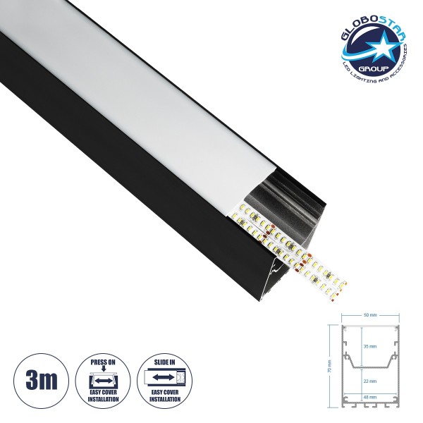GLOBOSTAR® ALP-LINEAR BRIGHTRAIL 61775-3M Επιφανειακό / Κρεμαστό / Επιτοίχιο Προφίλ Αλουμινίου με Λευκό Γαλακτερό Πατητό Κάλυμμα για Ταινίες LED IP20 - Μαύρο Ματ - Μ300 x Π5 x Υ7.5cm