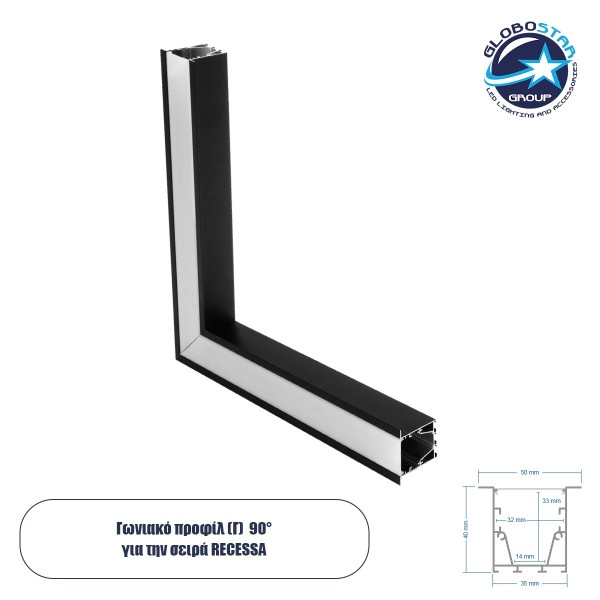 GLOBOSTAR® ALP-CORNER-SIDE90 RECESSA 61789 Χωνευτό Προφίλ Αλουμινίου Γωνία με Λευκό Γαλακτερό Πατητό Κάλυμμα για Ταινίες LED IP20 - Μαύρο Ματ - Μ30 x Π3.5 x Υ4cm