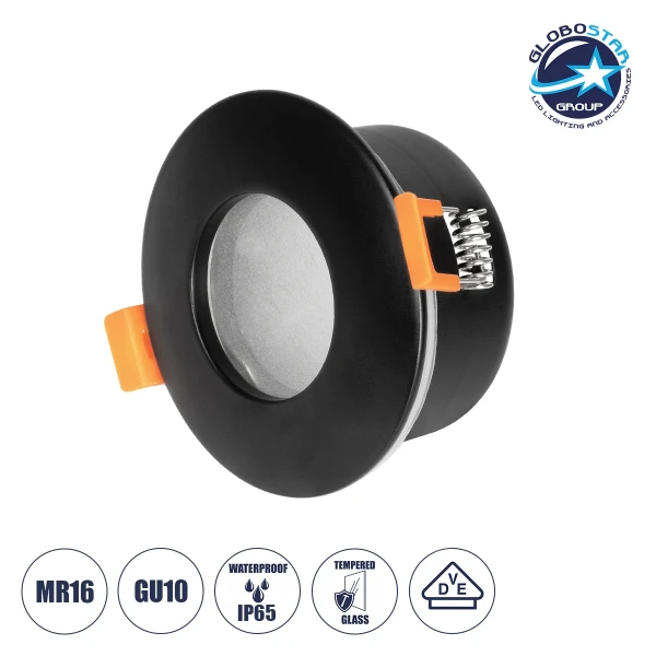 GLOBOSTAR® KAPA 60888 Χωνευτή Στρόγγυλη Βάση Σποτ Οροφής/Μπάνιου για Λάμπα MR16/GU10 Αδιάβροχο IP65 - Μαύρο Αλουμίνιο & Λευκό Γυαλί - Φ8.5 x Υ4.2cm / Q7.5cm