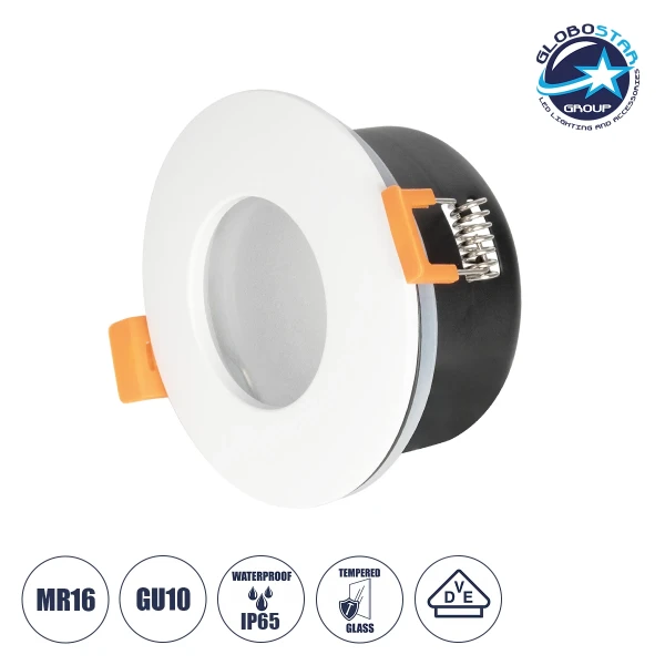 GLOBOSTAR® KAPA 60889 Χωνευτή Στρόγγυλη Βάση Σποτ Οροφής/Μπάνιου για Λάμπα MR16/GU10 Αδιάβροχο IP65 - Λευκό Αλουμίνιο & Λευκό Γυαλί - Φ8.5 x Υ4.2cm / Q7.5cm