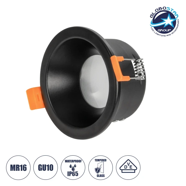 GLOBOSTAR® SIGMA 60891 Χωνευτή Στρόγγυλη Βάση Σποτ Οροφής/Μπάνιου για Λάμπα MR16/GU10 Αδιάβροχο IP65 - Μαύρο Αλουμίνιο & Λευκό Γυαλί - Φ8.5 x Υ4.4cm / Q7.5cm