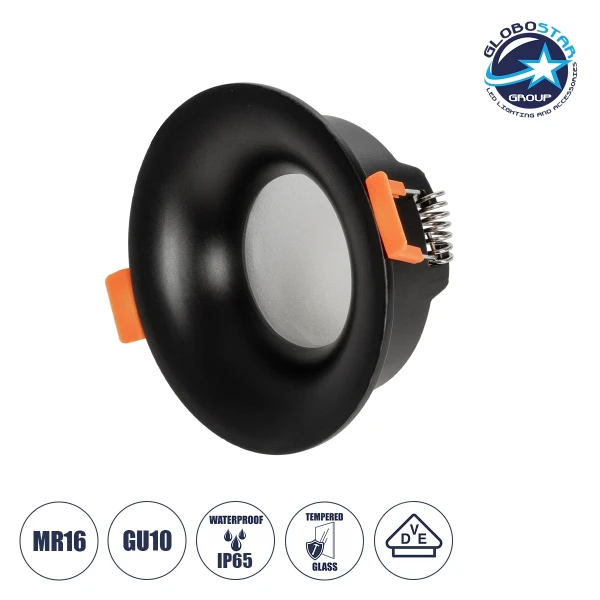 GLOBOSTAR® LAMDA 60893 Χωνευτή Στρόγγυλη Βάση Σποτ Οροφής/Μπάνιου για Λάμπα MR16/GU10 Αδιάβροχο IP65 - Μαύρο Αλουμίνιο & Λευκό Γυαλί - Φ8.5 x Υ3.5cm / Q7.5cm