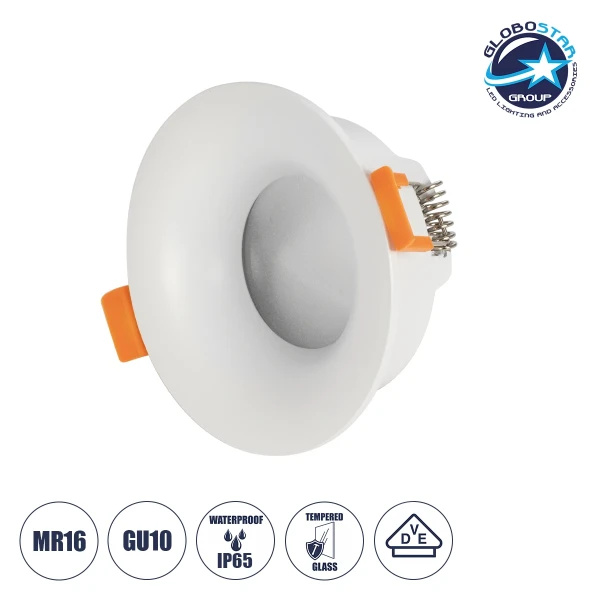 GLOBOSTAR® LAMDA 60894 Χωνευτή Στρόγγυλη Βάση Σποτ Οροφής/Μπάνιου για Λάμπα MR16/GU10 Αδιάβροχο IP65 - Λευκό Αλουμίνιο & Λευκό Γυαλί - Φ8.5 x Υ3.5cm / Q7.5cm