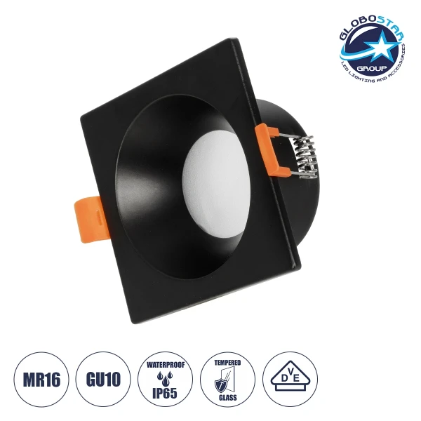 GLOBOSTAR® EPSILON 60895 Χωνευτή Τετράγωνη Βάση Σποτ Οροφής/Μπάνιου για Λάμπα MR16/GU10 Αδιάβροχο IP65 - Μαύρο Αλουμίνιο & Λευκό Γυαλί - Φ8.5 x Υ4.4cm / Q7.5 x 7.5cm
