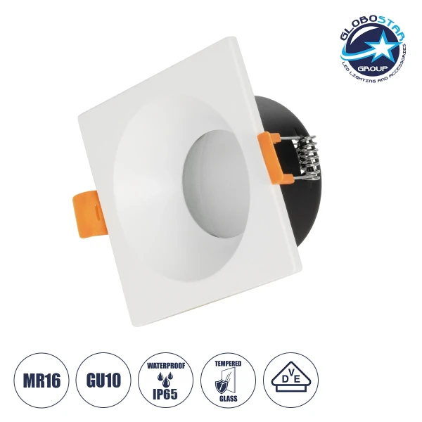 GLOBOSTAR® EPSILON 60896 Χωνευτή Τετράγωνη Βάση Σποτ Οροφής/Μπάνιου για Λάμπα MR16/GU10 Αδιάβροχο IP65 - Λευκό Αλουμίνιο & Λευκό Γυαλί - Φ8.5 x Υ4.4cm / Q7.5 x 7.5cm