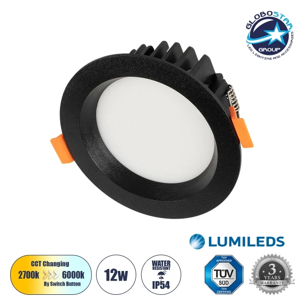 GLOBOSTAR® WATERA 60897 Χωνευτό Downlight Σποτ Panel LED 12W 1500lm 120° AC 220-240V Αδιάβροχο IP54 Ρυθμιζόμενο Λευκό CCT με Διακόπτη στο Σώμα 2700K/4500K/6000K Dimmable - Lumileds SMD Chip & TÜV SÜD Driver - Μαύρο Ματ - Μ10.8 x Π10.8 x Υ3.2cm / Q9cm - 3 