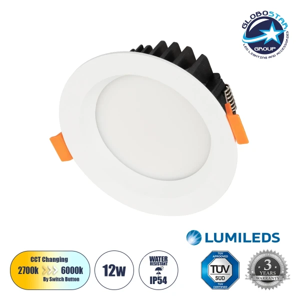 GLOBOSTAR® WATERA 60898 Χωνευτό Downlight Σποτ Panel LED 12W 1500lm 120° AC 220-240V Αδιάβροχο IP54 Ρυθμιζόμενο Λευκό CCT με Διακόπτη στο Σώμα 2700K/4500K/6000K Dimmable - Lumileds SMD Chip & TÜV SÜD Driver - Λευκό Ματ - Μ10.8 x Π10.8 x Υ3.2cm / Q9cm - 3 