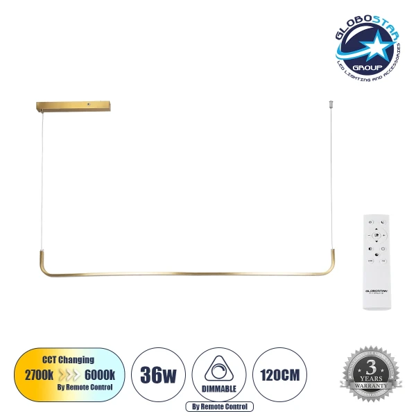GLOBOSTAR® LINARIA 60923 Μοντέρνο Κρεμαστό Φωτιστικό Οροφής LED 36W 4150lm 180° AC 220-240V IP20 Ρυθμιζόμενο Λευκό CCT με Χειριστήριο από 2700K έως 6000K Dimmable - Lumileds SMD Chip - Χρυσό Βούρτσας - Μ120 x Π2 x Υ10cm - 3 Χρόνια Εγγύηση