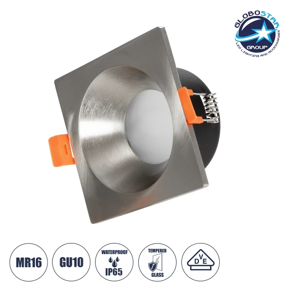 GLOBOSTAR® EPSILON 61318 Χωνευτή Τετράγωνη Βάση Σποτ Οροφής/Μπάνιου για Λάμπα MR16/GU10 Αδιάβροχο IP65 - Νίκελ Βούρτσας Αλουμίνιο & Λευκό Γυαλί - Φ8.5 x Υ4.4cm / Q7.5 x 7.5cm