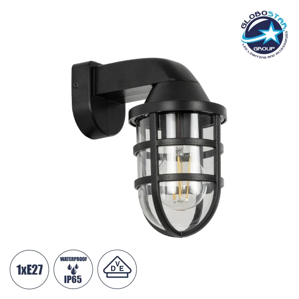 GLOBOSTAR® AGRE 61711 Μοντέρνο Φωτιστικό Τοίχου - Απλίκα με Ντουί 1 x E27 AC 220-240V Αδιάβροχο IP65 - Μάυρο & Διάφανο - Μ18 x Π11.5 x Υ22cm
