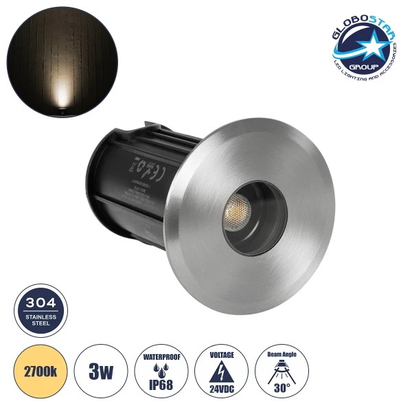 GLOBOSTAR® POOLIFY 61713 Υποβρύχιο Χωνευτό Σποτ για Σιντριβάνια/Πισίνες LED 3W 360lm 30° DC 24V Αδιάβροχο IP68 Θερμό Λευκό 2700K Dimmable - CREE XPE - Ανοξείδωτο Ατσάλι 316 & Tempered Glass - 1m VDE Rubber Καλώδιο - Φ6.5 x Υ8cm / Q5.2cm - 3 Χρόνια Εγγύηση