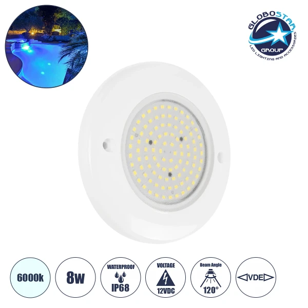 GLOBOSTAR® POOLARTY 61714 Υποβρύχιο Φωτιστικό για Σιντριβάνια/Πισίνες LED 8W 680lm 120° DC 12V Αδιάβροχο IP68 Ψυχρό Λευκό 6000K Dimmable - 1m VDE Rubber Καλώδιο - Φ13 x Υ2cm - 3 Χρόνια Εγγύηση