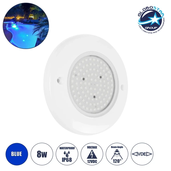 GLOBOSTAR® POOLARTY 61717 Υποβρύχιο Φωτιστικό για Σιντριβάνια/Πισίνες LED 8W 560lm 120° DC 12V Αδιάβροχο IP68 Μπλε Dimmable - 1m VDE Rubber Καλώδιο - Φ13 x Υ2cm - 3 Χρόνια Εγγύηση