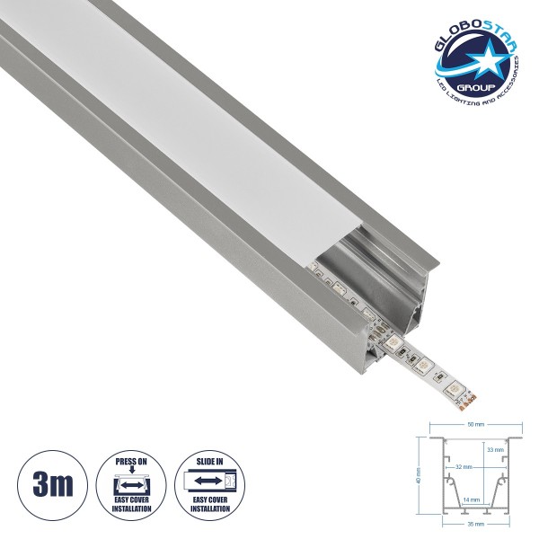 GLOBOSTAR® ALP-LINEAR RECESSA 61787-3M Χωνευτό Προφίλ Αλουμινίου με Λευκό Γαλακτερό Πατητό Κάλυμμα για Ταινίες LED IP20 - Γκρι Ανθρακί Ματ - Μ300 x Π3.5 x Υ4cm