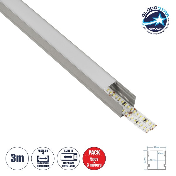 GLOBOSTAR® ALP-LINEAR GLOWTRACK 61798-3M Επιφανειακό Προφίλ Αλουμινίου με Λευκό Γαλακτερό Πατητό Κάλυμμα για Ταινίες LED IP20 - Γκρι Ανθρακί Ματ - Μ300 x Π2 x Υ2cm - Πακέτο 5 Τεμαχίων