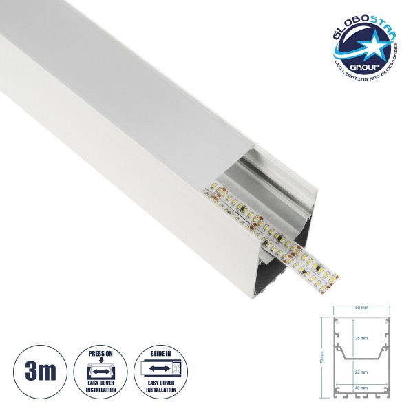 GLOBOSTAR® ALP-LINEAR BRIGHTRAIL 61774-3M Επιφανειακό / Κρεμαστό / Επιτοίχιο Προφίλ Αλουμινίου με Λευκό Γαλακτερό Πατητό Κάλυμμα για Ταινίες LED IP20 - Λευκό Ματ - Μ300 x Π5 x Υ7.5cm
