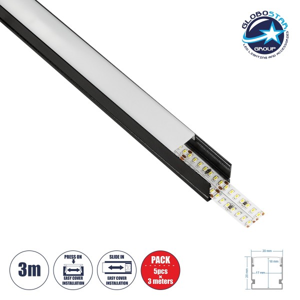 GLOBOSTAR® ALP-LINEAR GLOWTRACK 61797-3M Επιφανειακό Προφίλ Αλουμινίου με Λευκό Γαλακτερό Πατητό Κάλυμμα για Ταινίες LED IP20 - Μαύρο Ματ - Μ300 x Π2 x Υ2cm - Πακέτο 5 Τεμαχίων