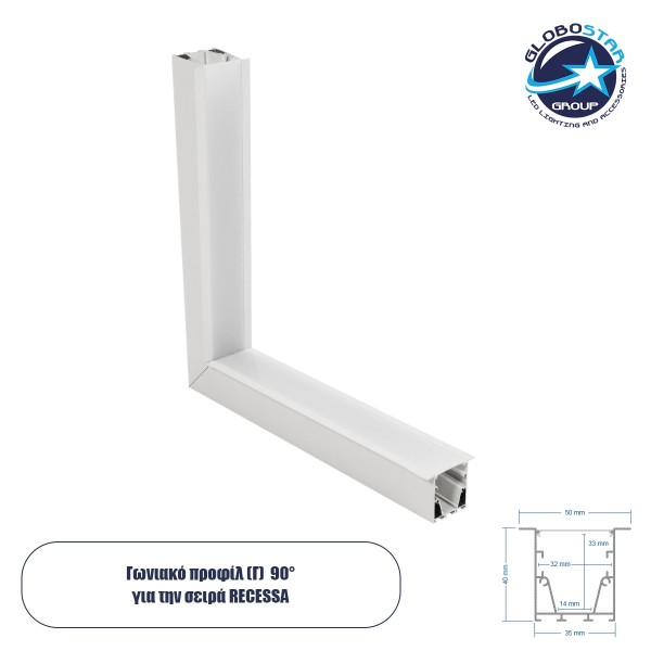 GLOBOSTAR® ALP-CORNER-IN90 RECESSA 61791 Χωνευτό Προφίλ Αλουμινίου Γωνία με Λευκό Γαλακτερό Πατητό Κάλυμμα για Ταινίες LED IP20 - Λευκό Ματ - Μ30 x Π3.5 x Υ4cm