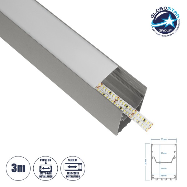 GLOBOSTAR® ALP-LINEAR BRIGHTRAIL 61776-3M Επιφανειακό / Κρεμαστό / Επιτοίχιο Προφίλ Αλουμινίου με Λευκό Γαλακτερό Πατητό Κάλυμμα για Ταινίες LED IP20 - Γκρι Ανθρακί Ματ - Μ300 x Π5 x Υ7.5cm