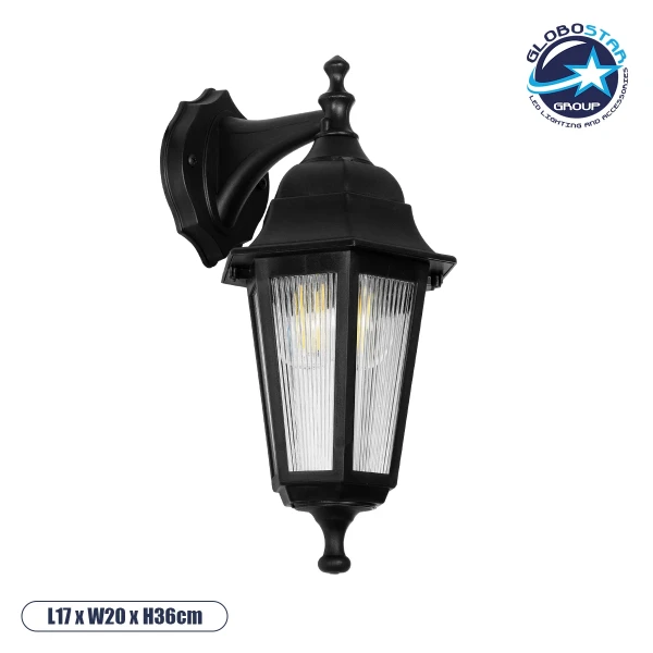 GloboStar® VITRO 203-0191 Vintage Επιτοίχιο Φωτιστικό Φαναράκι Μονόφωτο 1 x E27 IP44 Μαύρο Πλαστικό - Μ19 x Π16 x Υ34cm