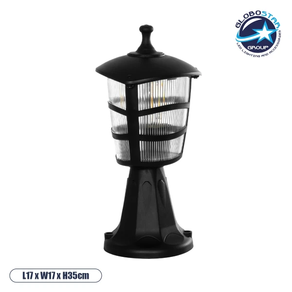 GloboStar® ZARDIN 203-0205 Vintage Επιδαπέδιο Φωτιστικό Φαναράκι Μονόφωτο 1 x E27 IP44 Μαύρο & Διάφανο Πλαστικό - Μ17 x Π17 x Υ33cm