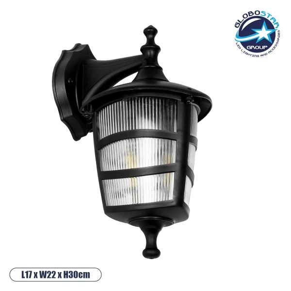 GloboStar® ZARDIN 203-0206 Vintage Επιτοίχιο Φωτιστικό Φαναράκι Μονόφωτο 1 x E27 IP44 Μαύρο Πλαστικό - Μ22 x Π17 x Υ27cm