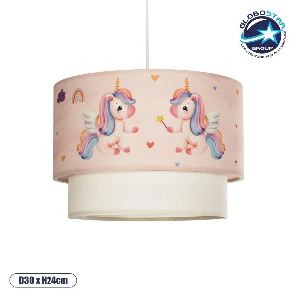 GloboStar® PONY 204-0016 Παιδικό Κρεμαστό Φωτιστικό Φιγούρα Μονόφωτο 1 x E27 IP20 Ροζ Ύφασμα - Μ30 x Π30 x Υ24cm