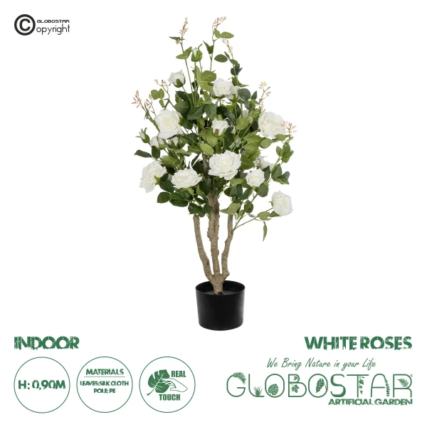 GloboStar® Artificial Garden WHITE ROSES 21069 Τεχνητό Διακοσμητικό Δέντρο Τριανταφυλλιά Μ50 x Π50 x Υ90cm