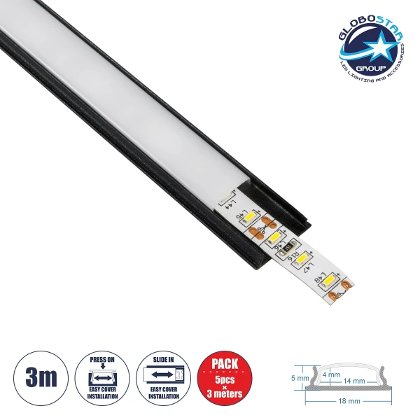 GloboStar® CURVED-PROFILE 70804-3M Προφίλ Αλουμινίου - Βάση & Ψύκτρα Ταινίας LED με Λευκό Γαλακτερό Κάλυμμα - Επιφανειακή Χρήση - Εύκαμπτο με Δυνατότητα Κυρτής Τοποθέτησης - Πατητό Κάλυμμα - Μαύρο - 3 Μέτρα - Πακέτο 5 Τεμαχίων - Μ300 x Π1.8 x Υ0.5cm