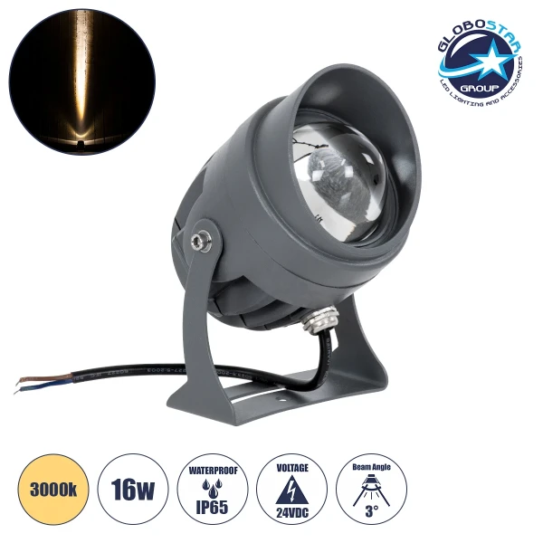 GLOBOSTAR® SPOT-XENIA 90632 Αρχιτεκτονικό Σποτ Φωτισμου LED 16W 1440lm 3° DC 24V Αδιάβροχο IP65 Θερμό Λευκό 3000K Dimmable - Γκρι Ανθρακί - Μ9 x Π9 x Υ12cm - 3 Χρόνια Εγγύηση