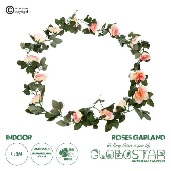 GloboStar® 09004 Τεχνητό Κρεμαστό Φυτό Διακοσμητική Γιρλάντα Μήκους 2 μέτρων με 16 X Μεγάλα Τριαντάφυλλα Ροζ