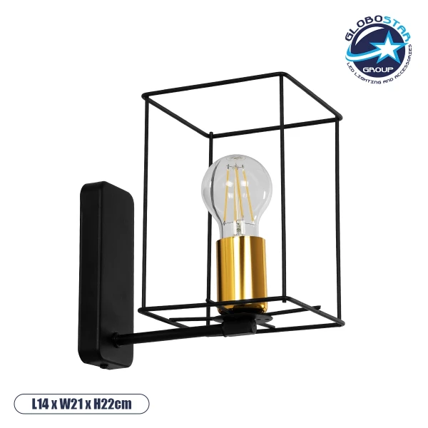 GloboStar® CYRA 203-0012 Μοντέρνο Επιτοίχιο Φωτιστικό Απλίκα Μονόφωτο 1 x E27 IP20 Μαύρο & Χρυσό Μέταλλο - Μ21 x Π21 x Υ19cm