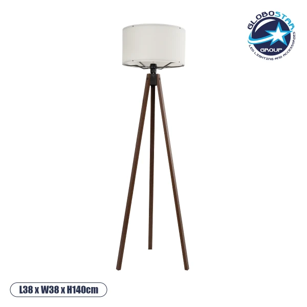 GloboStar® SAGA 204-0031 Μοντέρνο Eπιδαπέδιο Φωτιστικό Μονόφωτο 1 x E27 IP20 Καφέ Ξύλο με Μπεζ Ύφασμα - Μ38 x Π38 x Υ140cm