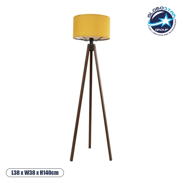 GloboStar® SAGA 204-0033 Μοντέρνο Eπιδαπέδιο Φωτιστικό Μονόφωτο 1 x E27 IP20 Καφέ Ξύλο με Κίτρινο Ύφασμα - Μ38 x Π38 x Υ140cm